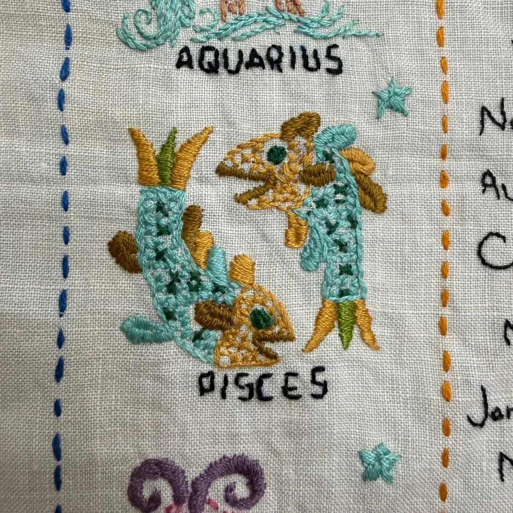 Vintage Zodiac Astrology Hand Finished Cross Stitch Bohemian Folk Art Embroidery
